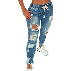 Women High Waist Skinny Ripped Denim Jeans Plus Size Button Closure